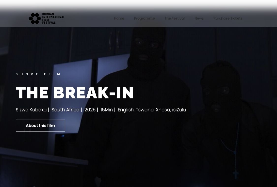 Screenshot of the Durban International Film Festival page for The Break-In